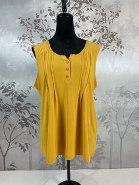 Diana Belle Womens Tank Top Mustard Yellow Pleated Henley Sleeveless XL